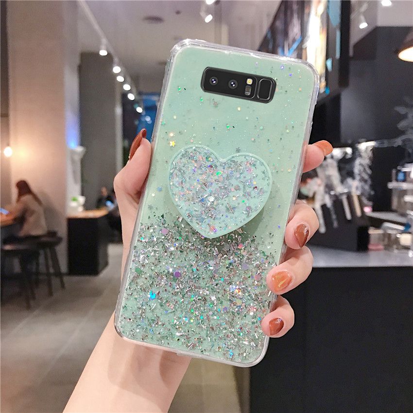 For Samsung Galaxy Note 8 Note 9 M20 A50 A50s A30s A02 M02 A02s A12 A21s Luxury Glitter Star Space Silicone Soft Case Starry Transparent Love Heart Stand Holder Casing Cover