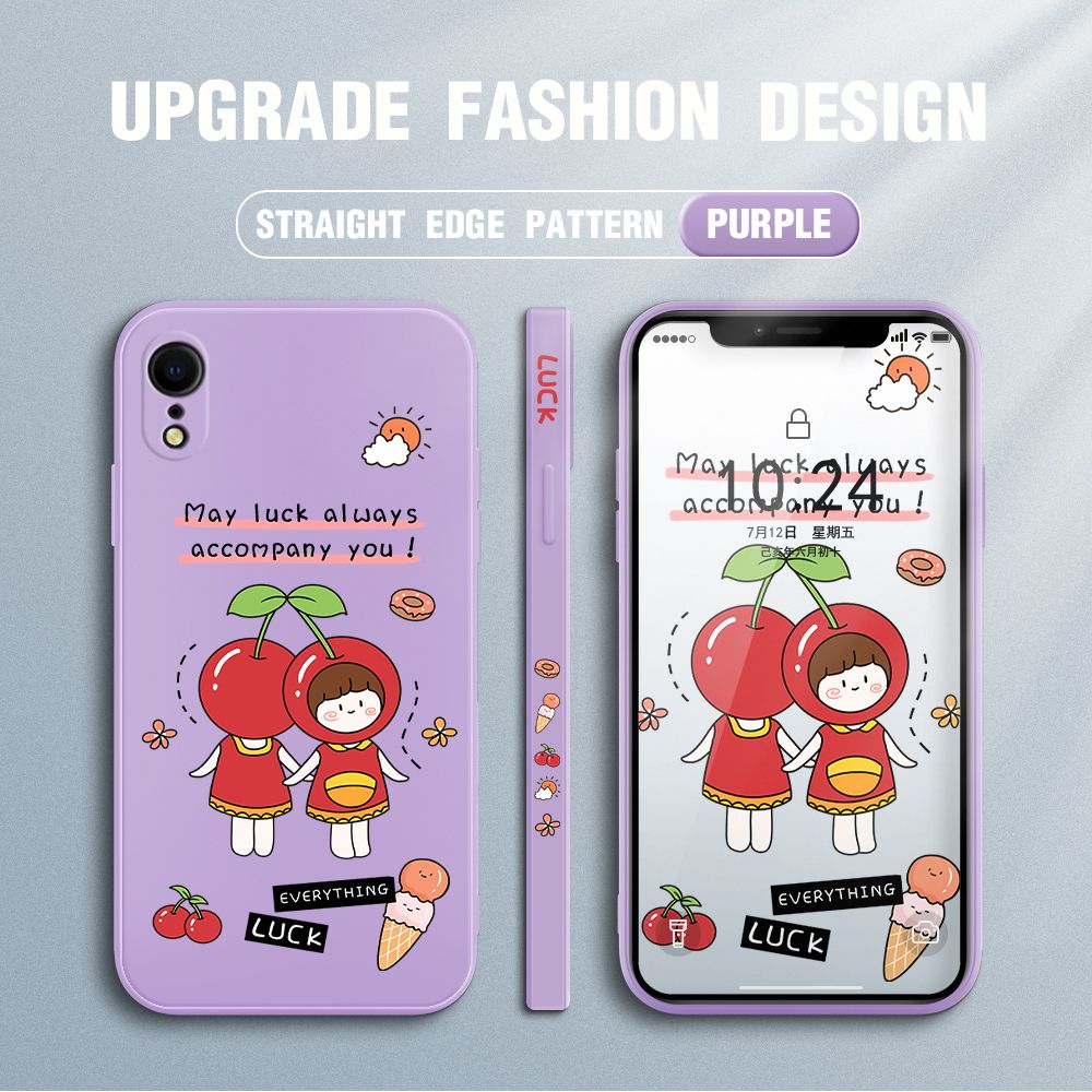 Jizetin for iPhone XR Case Fashion Cherry Girl Design Side Design Phone Case Square Edge Pattern Liquid Silicone Cases Full Cover Camera Shockproof Protective Case
