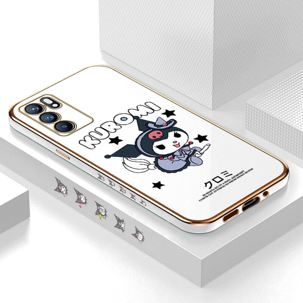Luxury 6D Plating Soft Casing Silicone Square Frame Phone Case For OPPO Reno6 5G Case Shiny Bling Back Cover Cartoon Anime Character Cute Square Edge Pattern Design Soft Case + Free Lanyard