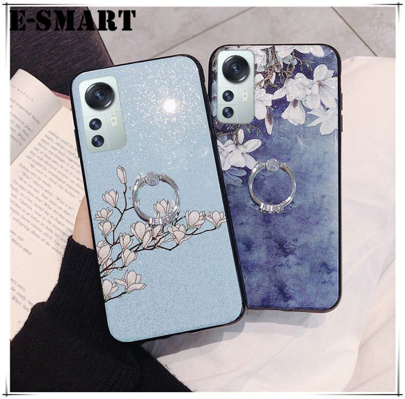 Phone case Xiaomi 12 Back Cover Flowers Gardenia & Magnolia Bling Glitter Soft Silicone Protector Cover with Finger Ring Holder Xiaomi12 Case