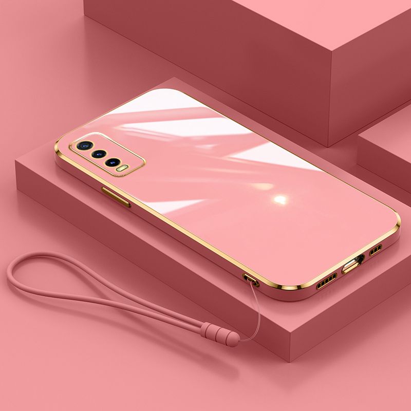 For Vivo Y12A / Y12S / Y20 / Y20 2021 / Y20s / Y20G Cover with Wrist Strap Fashion Shiny Plating Square Bumper Girls Phone Case Soft TPU Silicone Shockproof Protective Back Cover