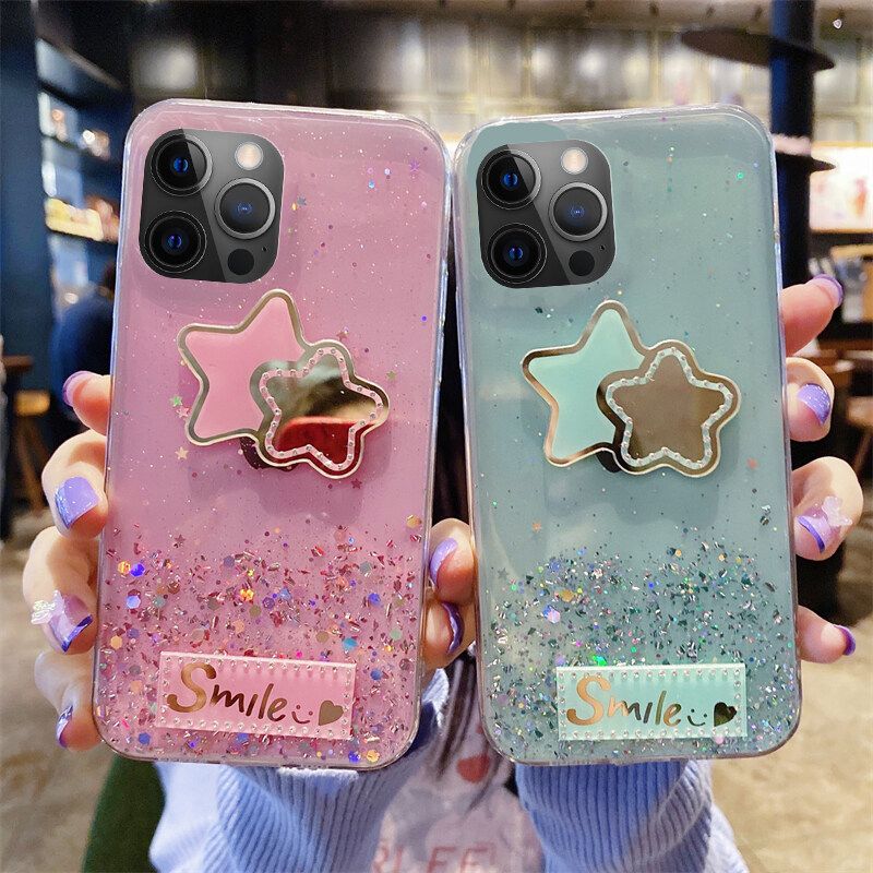 For iPhone 12 Shiny Ring Back Cover Glitter Soft Transparent Full Star Mirror Cases for iPhone12 Case Stars Moon Girls