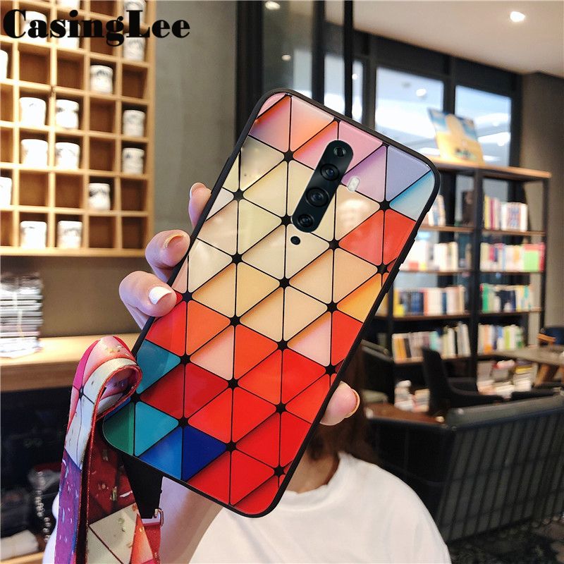Protect Cover For OPPO Reno 2F case Shiny Gold Foil soft silicone case with Strap for OPPO Reno2 F Phone Cases Rhombus geometry Design For girls and Boys