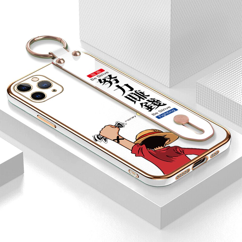 TA for iPhone 11 Pro Max Wrist Strap Back Cover Struggle Luffy Fashion Luxury 6D Plating Soft Casing Silicone Square Frame Phone Case