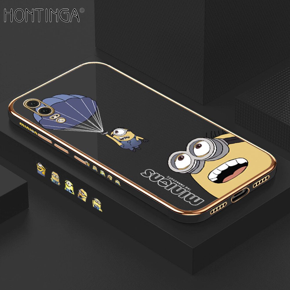 Hontinga for Huawei P20 Back Cover + Free Lanyard Luxury 6D Plating Yellow Cartoon Character Pattern Case Soft Silicone Square Phone Cases