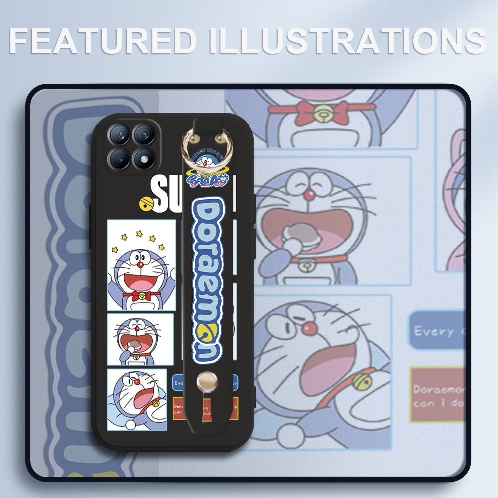 UCUC for OPPO Reno4 SE 5G Wrist Strap Case Creative Cartoon Doraemon's Daily Life Cover Ultra Thin Anti Fall Liquid Silicone Phone Case