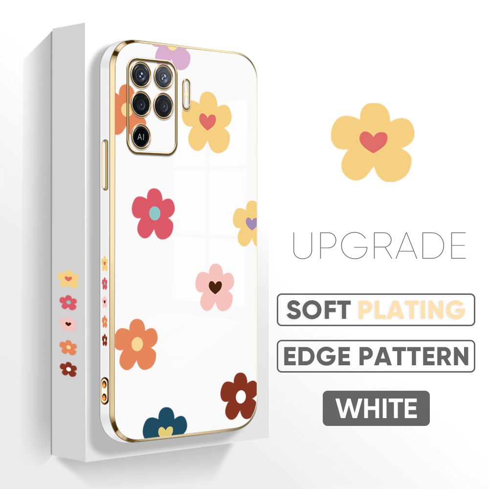 TA for OPPO F19 Pro / A94 4G / Reno 5 Lite / Reno5 F Back Cover + Free Lanyard Falling Flowers Luxury 6D Plating Case Side Pattern Soft Silicone Square Phone Cases