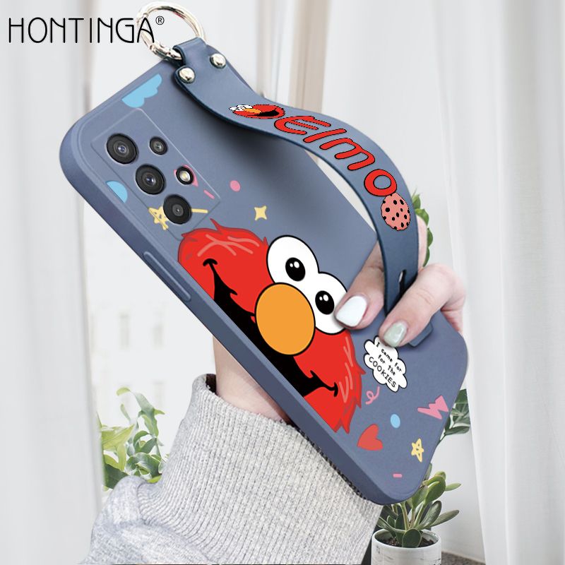 Hontinga for Samsung Galaxy A32 Wrist Strap Case Cute Cute Cartoon Little Monster Phone Cover Square Edge Liquid Silicone Case Full Cover Camera Shockproof Protective Cases