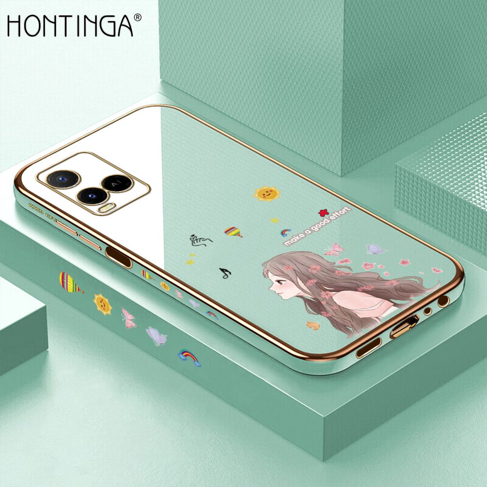 Hontinga for Vivo Y33S Y21 2021 Y21S Y21T Y33T Y21A Back Cover + Free Lanyard Luxury 6D Plating Sunshine Girl Side Pattern Case Soft Silicone Square Phone Cases