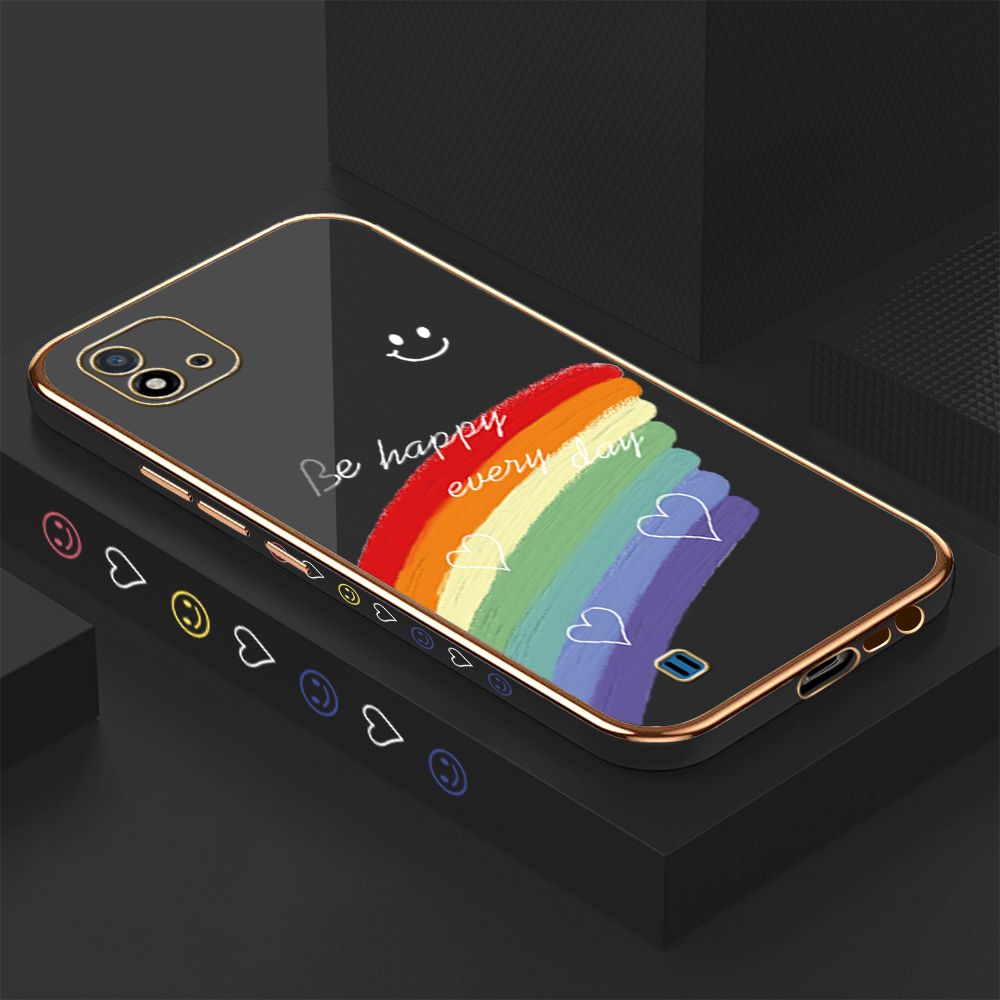 Luxury 6D Plating Case for Realme C20 C20A Smile Rainbow Side Pattern Back Cover Soft Silicone Square Phone Cases + Free Lanyard