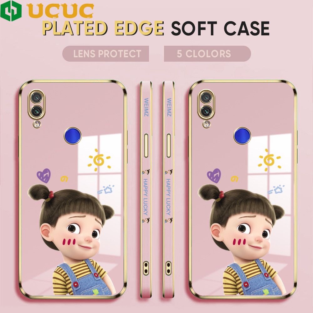 UCUC for Redmi Note 7 Note 7 Pro Back Cover + Free Lanyard Lovely Girl Luxury 6D Plating Case Side Pattern Soft Silicone Square Phone Cases