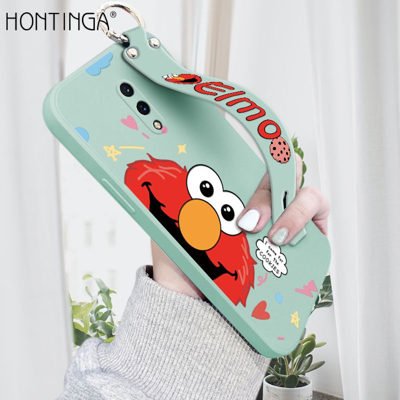 Hontinga for OnePlus 7 Wrist Strap Case Cute Cute Cartoon Little Monster Phone Cover Square Edge Liquid Silicone Case Full Cover Camera Shockproof Protective Cases