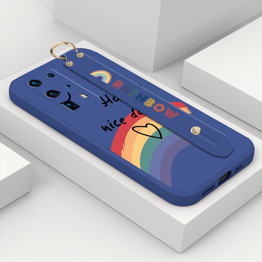 ZeroQiQi for Huawei P40 Pro Plus Wrist Strap Case Lovely Graffiti Rainbow Smile Thin Phone Cover Square Edge Liquid Silicone Creativity Phone Case