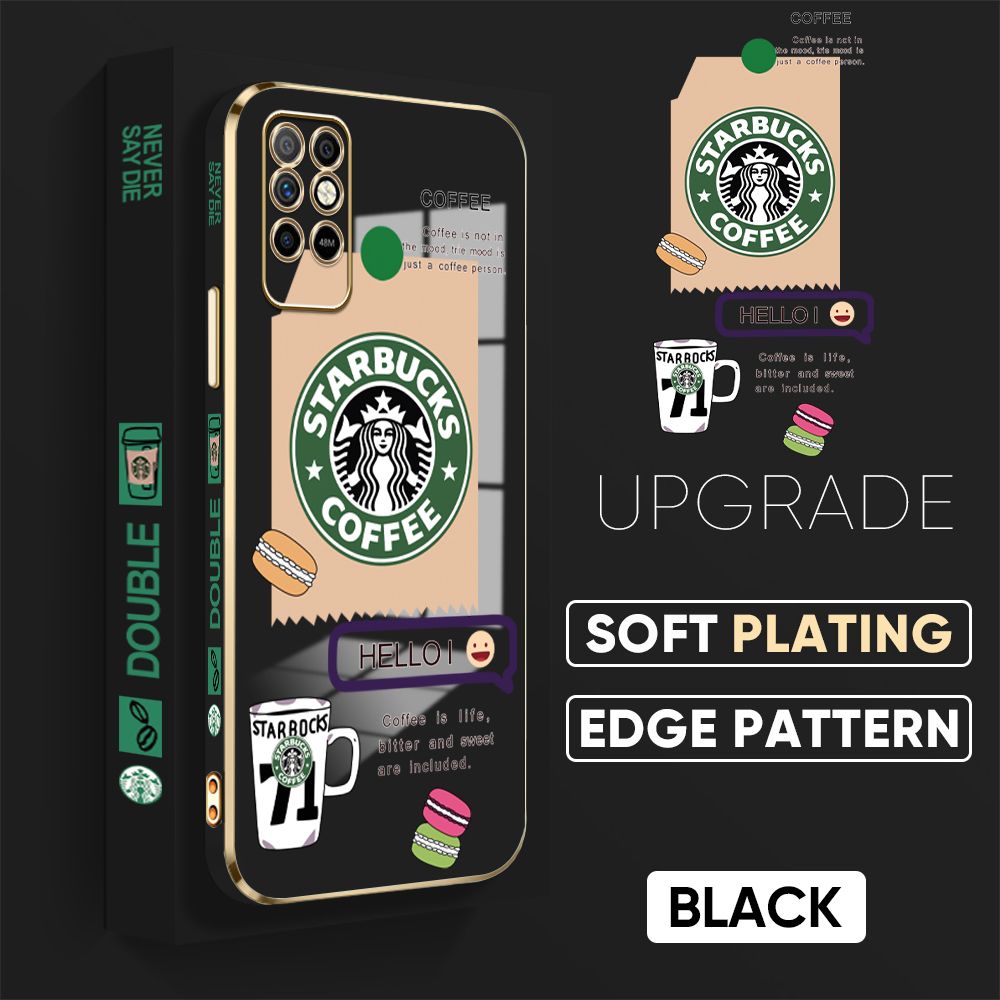 Jizetin (Free Lanyard) Infinix Note 8I Back Cover Two Coffee Macaron Luxury 6D Plating Case Side Pattern Soft Silicone Square Mobile Phone Cases