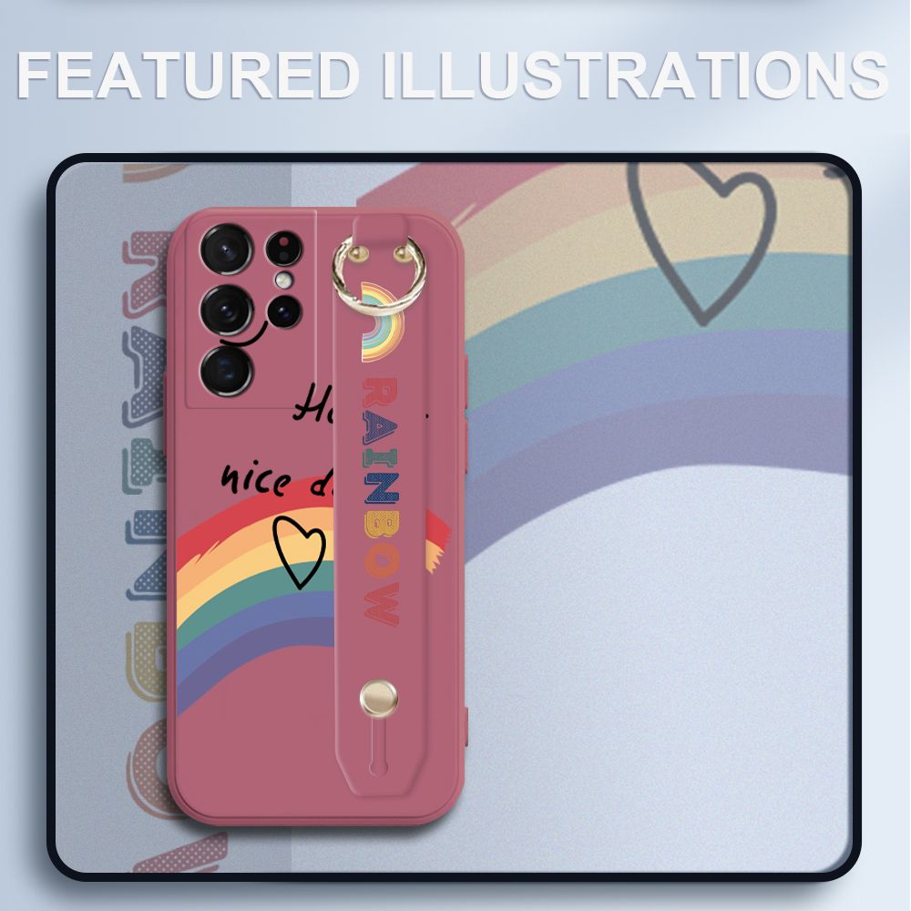 UCUC for Samsung Galaxy S21 Ultra 5G Wrist Strap Case INS Style Smile Rainbow Cover Ultra Thin Anti Fall Liquid Silicone Phone Case