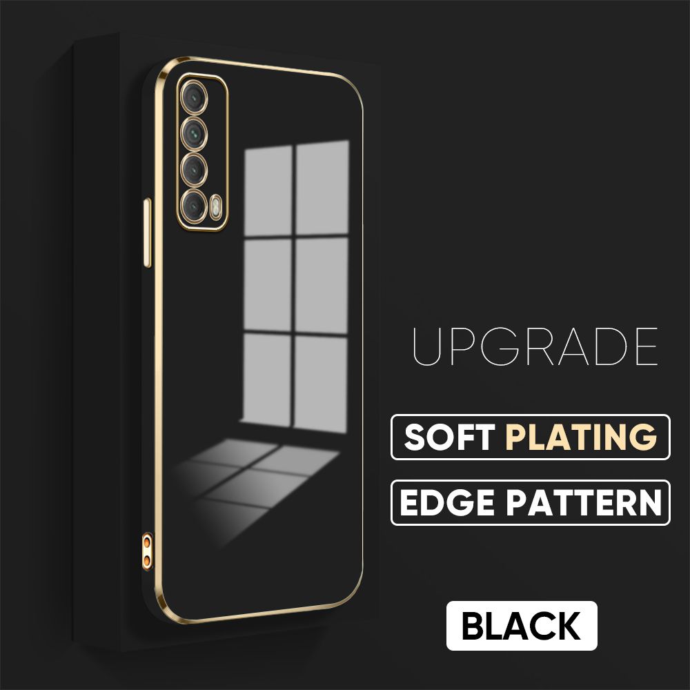 TA for Huawei Y7A Cover Luxury 6D Plating Soft Casing Silicone Square Frame Phone Case Shiny Bling Back Cover + Free Lanyard
