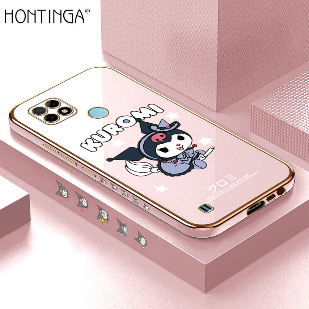 Hontinga for Realme C21Y C25Y Case Luxury 6D Plating Cute Cartoon Little Witch Side Pattern Soft Back Cover Silicone Square Phone Cases