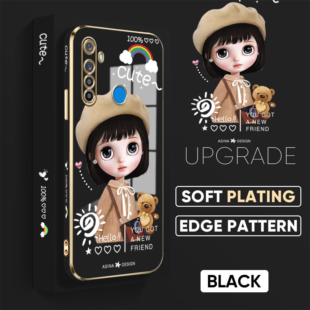 Jizetin (Free Lanyard) Realme 5i 5 5S / Realme 6i Cover Satchel Girl Luxury 6D Plating Soft Casing Silicone Square Frame Phone Case Shiny Bling Back Cover