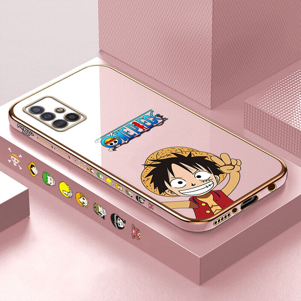 Luxury 6D Plating Case for Samsung A51 4G Happy Luffy Side Pattern Back Cover Soft Silicone Square Phone Cases + Free Lanyard