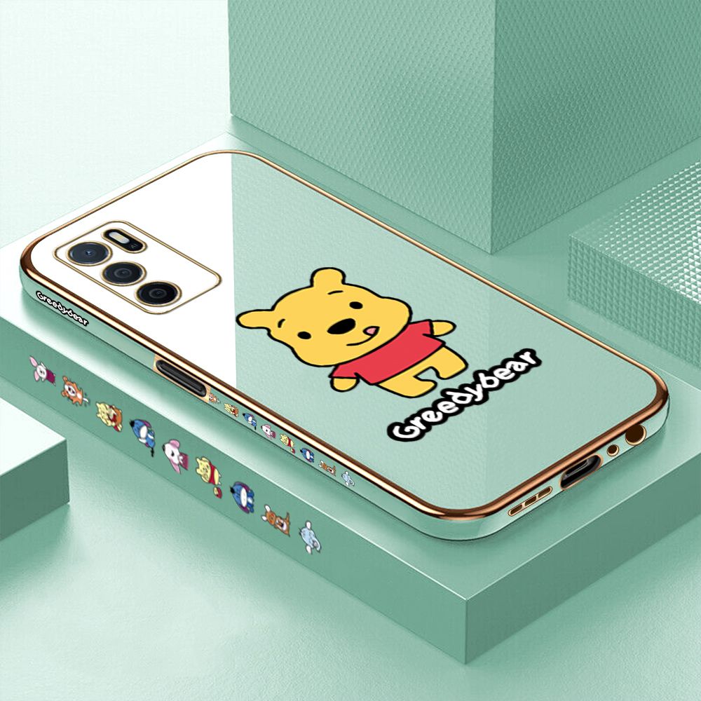 Luxury 6D Plating Case for OPPO A16 Cartoon Squirming Bear Side Pattern Back Cover Soft Silicone Square Phone Cases + Free Lanyard