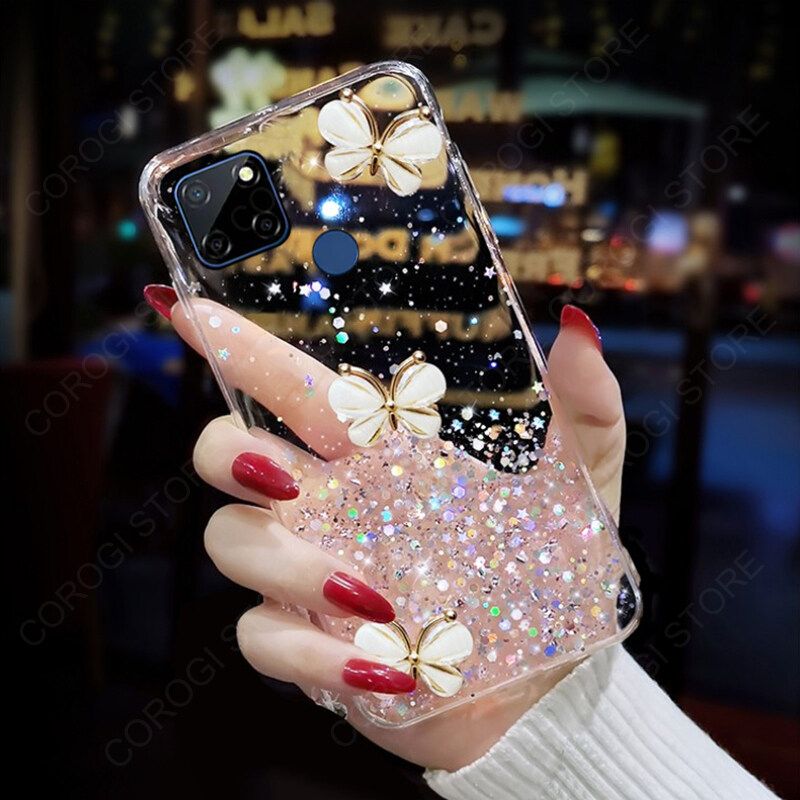 For Realme C21 Cover Fashion 3D Diamond Butterfly Shiny Glitter Starry Space Phone Case Clear Soft TPU Silicone Shockproof Protective Back Cover