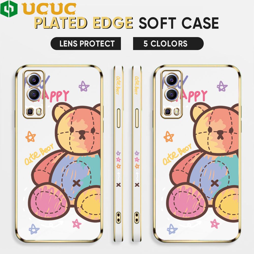 UCUC for Vivo Y52 5G / Y72 5G Back Cover + Free Lanyard Colorful Muppet Bear Luxury 6D Plating Case Side Pattern Soft Silicone Square Phone Cases