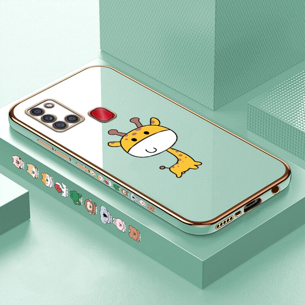 Luxury 6D Plating Case for Samsung A21S Cute Giraffe Side Pattern Back Cover Soft Silicone Square Phone Cases + Free Lanyard