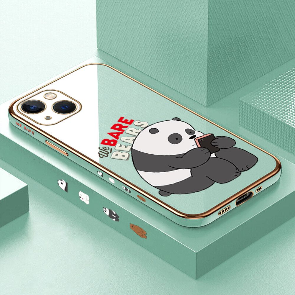 Luxury 6D Plating Case for iPhone 13 Mini Cartoon Panda Side Pattern Back Cover Soft Silicone Square Frame Shiny Bling Phone Cases + Free Lanyard