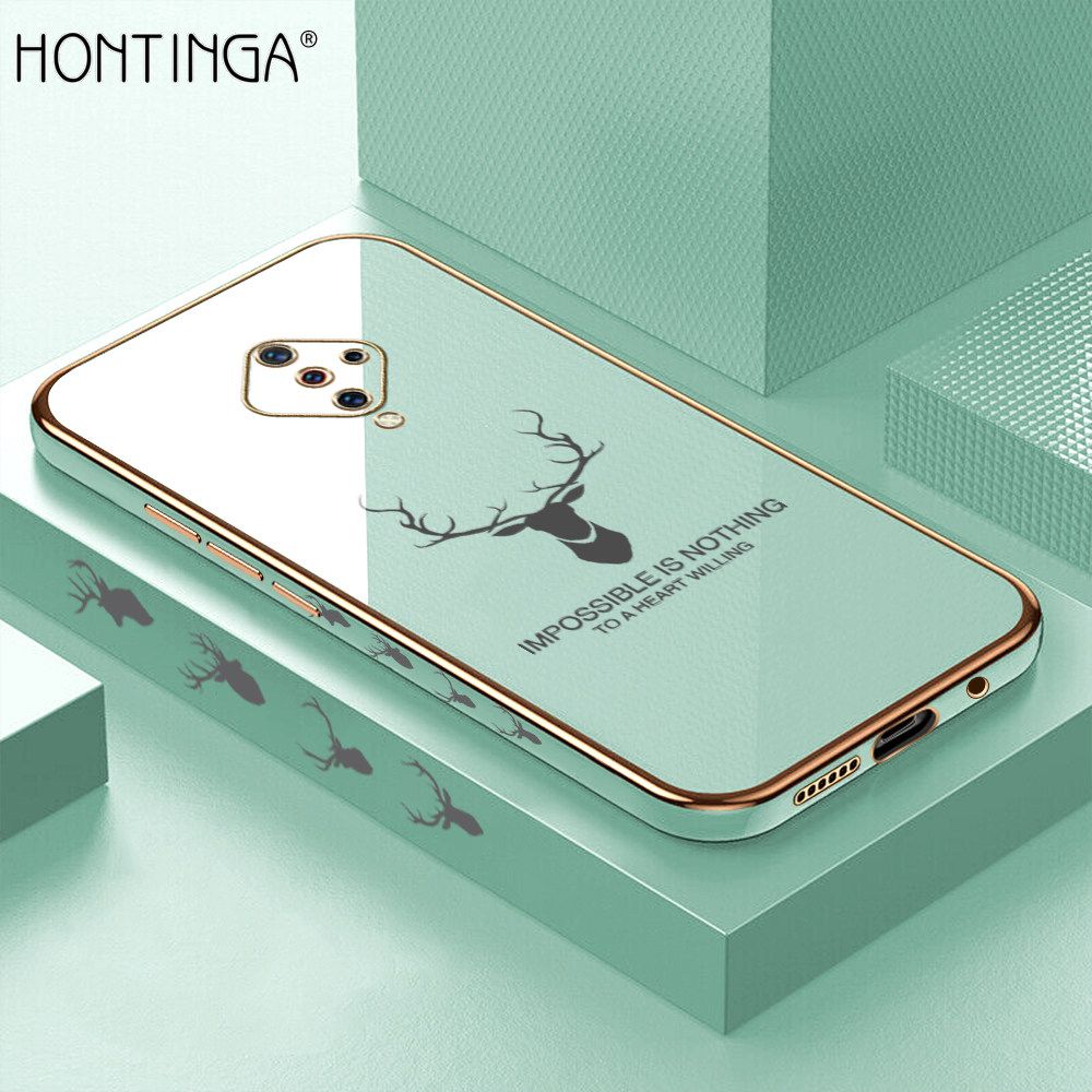 Hontinga for Vivo S1 Pro Back Cover + Free Lanyard Luxury 6D Plating Cartoon Lucky Side Pattern Case Soft Silicone Square Phone Cases