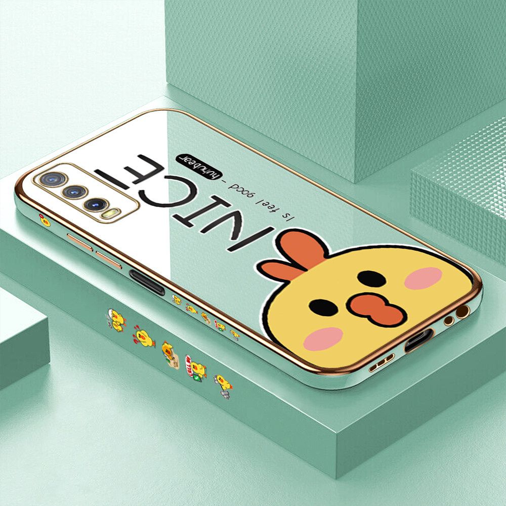 Luxury 6D Plating Case for Vivo Y12S Cute Cartoon Chicken Side Pattern Back Cover Soft Silicone Square Frame Shiny Bling Phone Cases + Free Lanyard