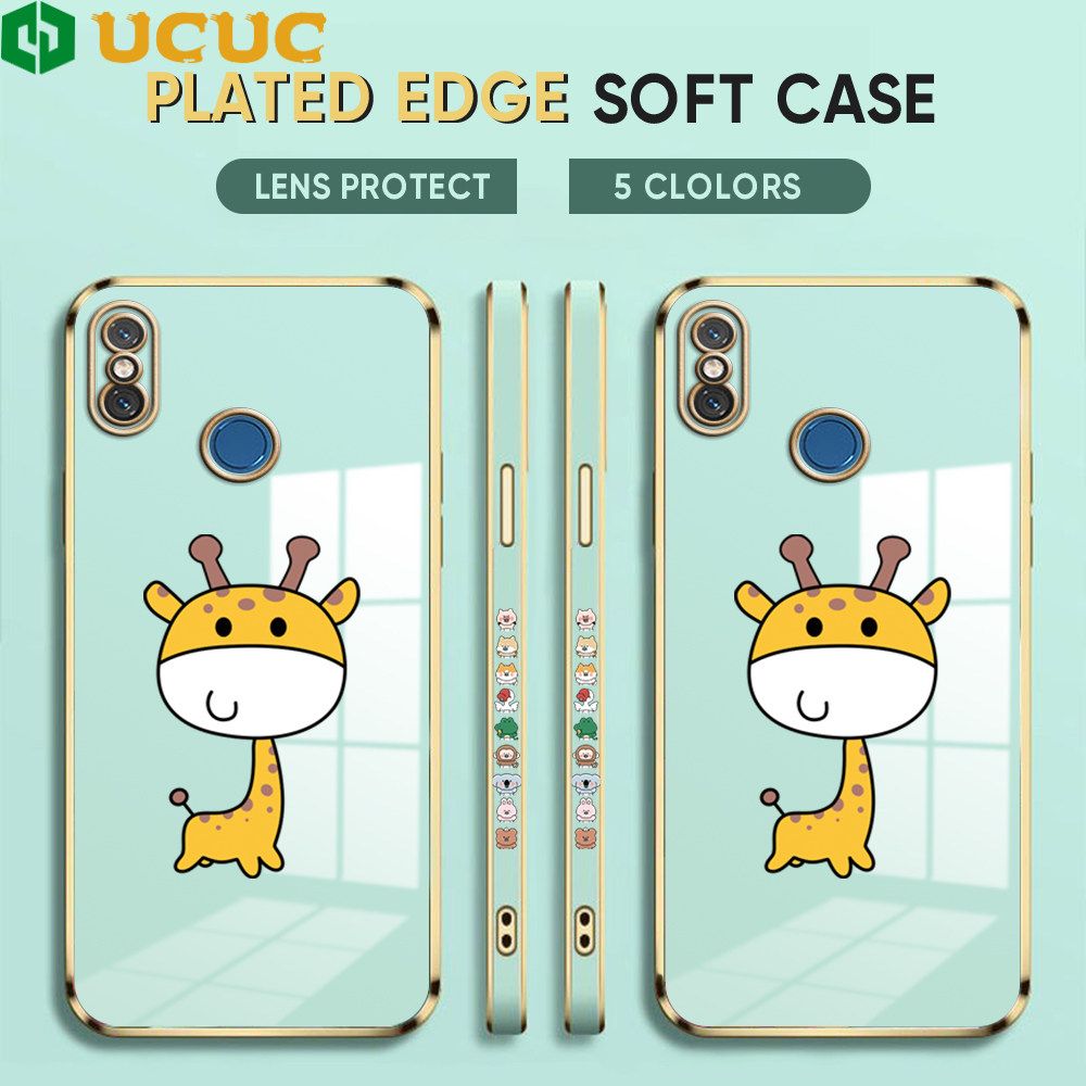UCUC for Xiaomi 8 Back Cover + Free Lanyard Big Head Giraffe Luxury 6D Plating Case Side Pattern Soft Silicone Square Phone Cases