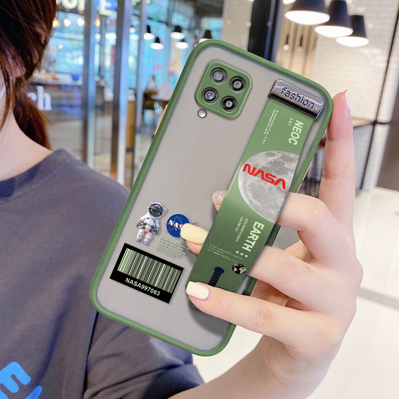 UCUC for Samsung Galaxy A42 5G Wrist Strap Case Creative Cartoon Astronaut Wristband Printing Cover Shockproof Frosted Phone Case