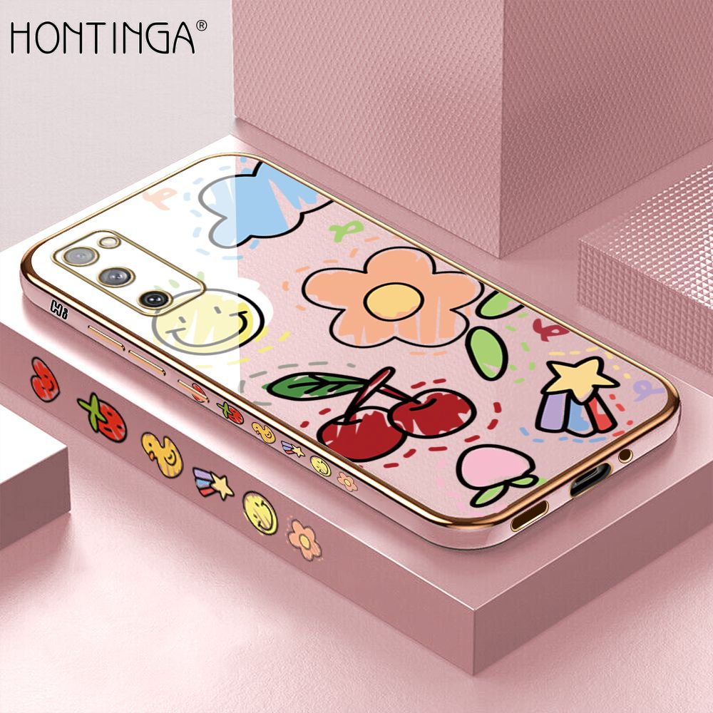 Hontinga for Samsung Galaxy S20 FE 4G / 5G Back Cover + Free Lanyard Luxury 6D Plating Cartoon Cherry Peach Side Pattern Case Soft Silicone Square Mobile Cover