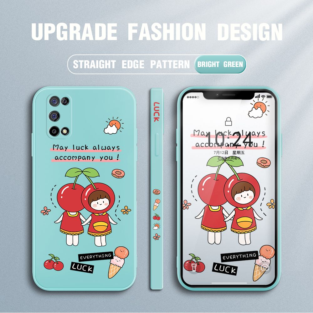Jizetin for Realme 7 5G Case Fashion Cherry Girl Design Side Design Phone Case Square Edge Pattern Liquid Silicone Cases Full Cover Camera Shockproof Protective Case