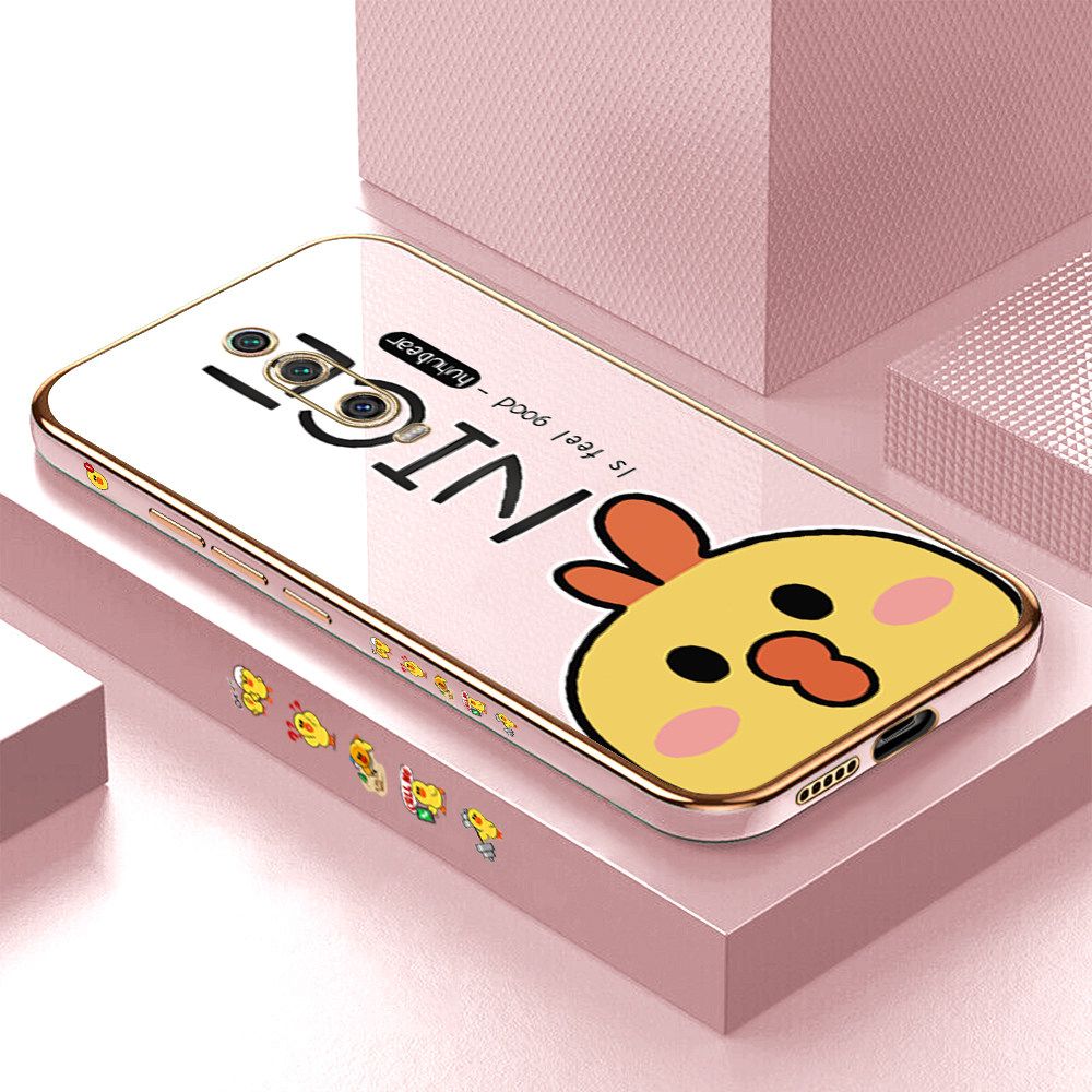 Luxury 6D Plating Case for Redmi K20 Pro Cute Cartoon Chicken Side Pattern Back Cover Soft Silicone Square Frame Shiny Bling Phone Cases + Free Lanyard
