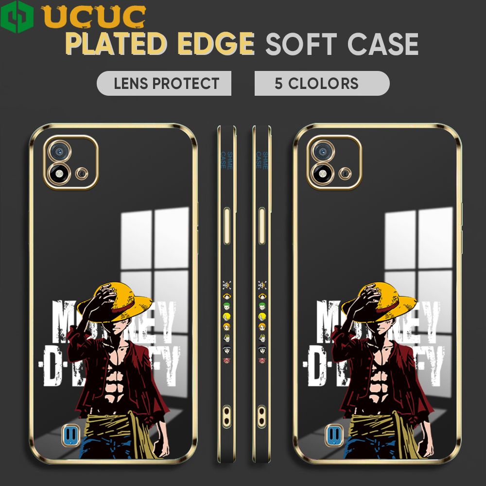 UCUC for Realme C20A Cover Holding Cap Luffy Luxury 6D Plating Soft Casing Silicone Square Frame Phone Case Shiny Bling Back Cover + Free Lanyard
