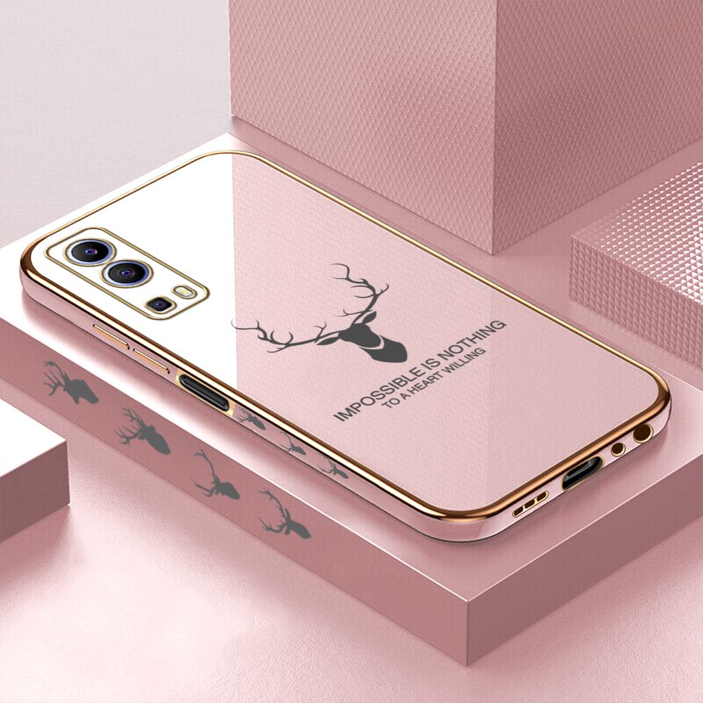 Luxury 6D Plating Case for Vivo Y52 5G Alphabet Lucky Deer Side Pattern Back Cover Soft Silicone Square Frame Shiny Bling Phone Cases + Free Lanyard