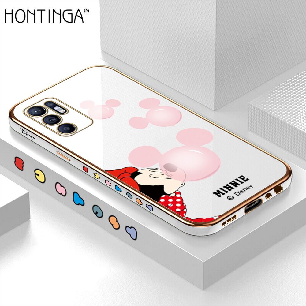 Hontinga for OPPO Reno6 Back Cover + Free Lanyard Luxury 6D Plating Cartoon Bubble Mouse Side Pattern Case Soft Silicone Square Mobile Cover