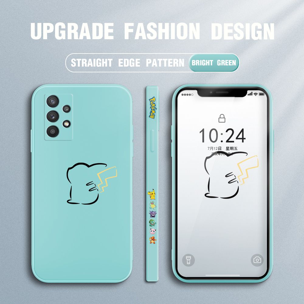 Jizetin for Samsung Galaxy A32 Case New Pikachu Pokémon Design Side Design Phone Case Square Edge Pattern Liquid Silicone Cases Full Cover Camera Soft Protection Case