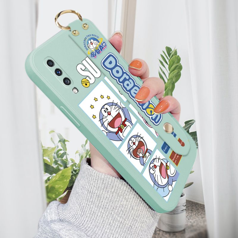 Jizetin for Samsung Galaxy A70S Wrist Strap Case Creative Cartoon Doraemon's Daily Life Cover Ultra Thin Anti Fall Liquid Silicone Phone Case