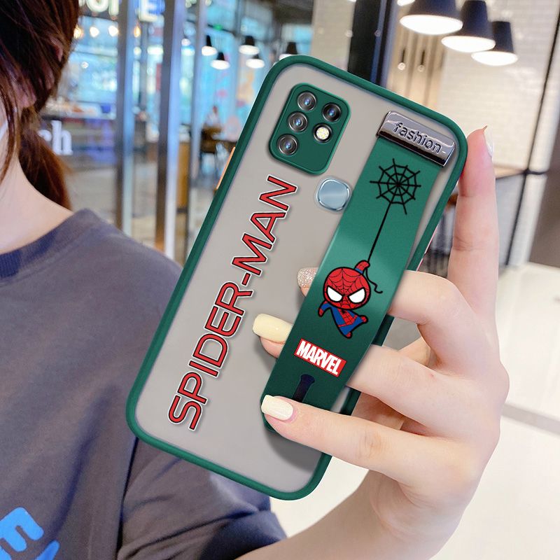 UCUC for Infinix Hot 10 Wrist Strap Case Superhero Spider Superman Wristband Printing Cover Shockproof Frosted Phone Case