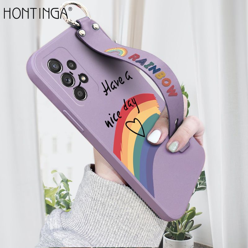 Hontinga for Samsung Galaxy A52S 5G Wrist Strap Case Lovely Graffiti Rainbow Smile Thin Phone Cover Square Edge Liquid Silicone Creativity Phone Case
