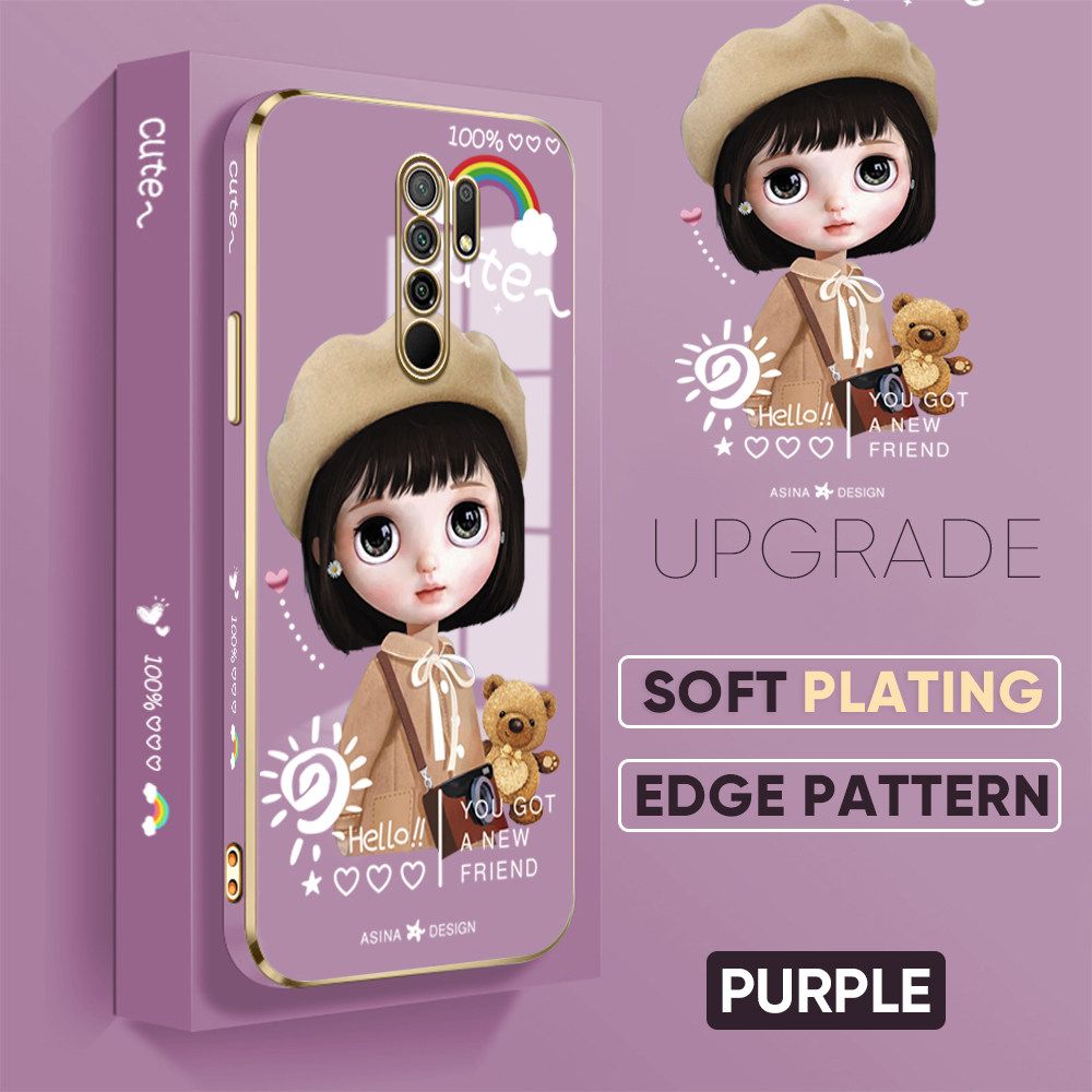 Jizetin (Free Lanyard) Redmi 9 Luxury 6D Plating Soft Casing Silicone Square Frame Phone Case Shiny Bling Back Cover Cute Sunshine Girl New design Side Drawing Case