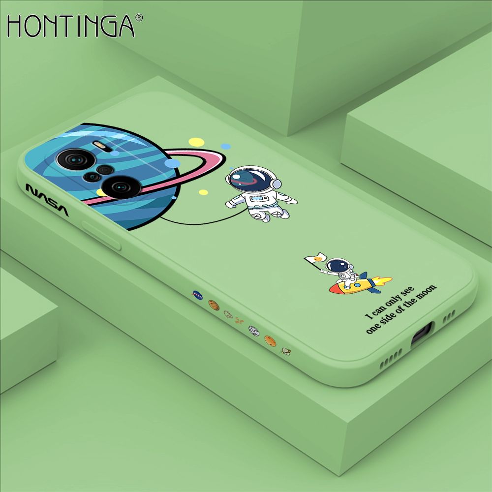 Hontinga for Redmi K40 / K40 Pro Case Cartoon Astronaut Side Design Back Cover Soft Square Edge Liquid Silicone Phone Cases