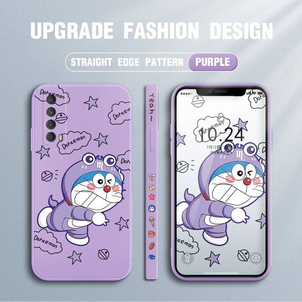 Jizetin for Huawei Y7A 2020 Case Cute Cartoon Purple Doraemon Anime Side Design Phone Case Ultra Soft Edge Pattern Liquid Silicone Phone Cases