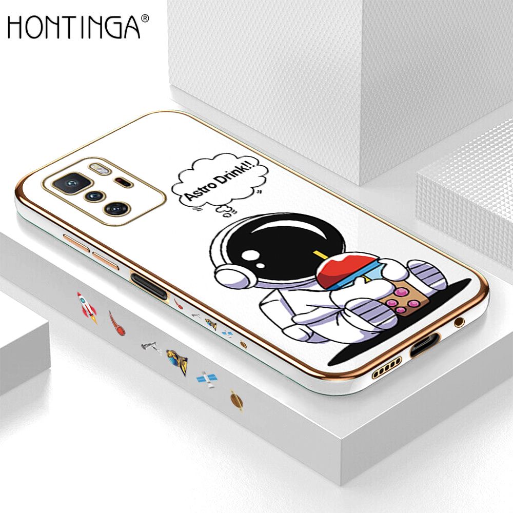 Hontinga for Xiaomi Poco X3 GT Back Cover + Free Lanyard Luxury 6D Plating Cartoon Happy Astronaut Side Pattern Case Soft Silicone Square Mobile Cover