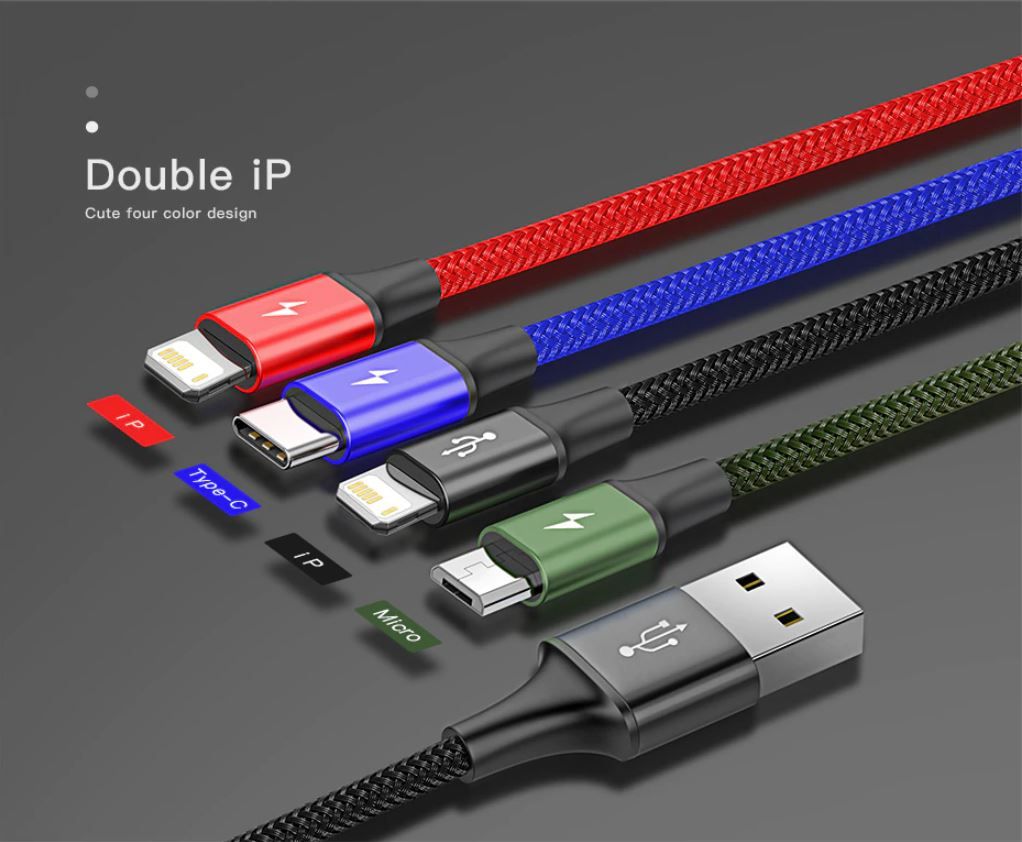Baseus 4 in 1 USB Type C Cable Lightning Cable  Micro USB Cable fast charging line 3.5A speed one to four data line 1.2m Dual ip+typec+Android