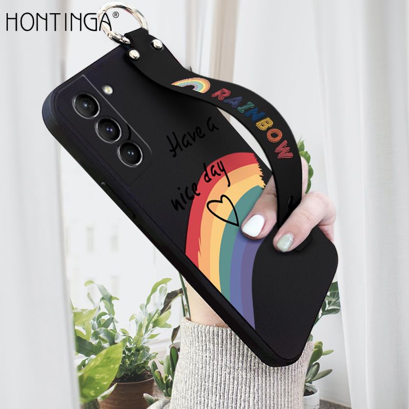 Hontinga for Samsung Galaxy S21 5G Wrist Strap Case Lovely Graffiti Rainbow Smile Thin Phone Cover Square Edge Liquid Silicone Creativity Phone Case