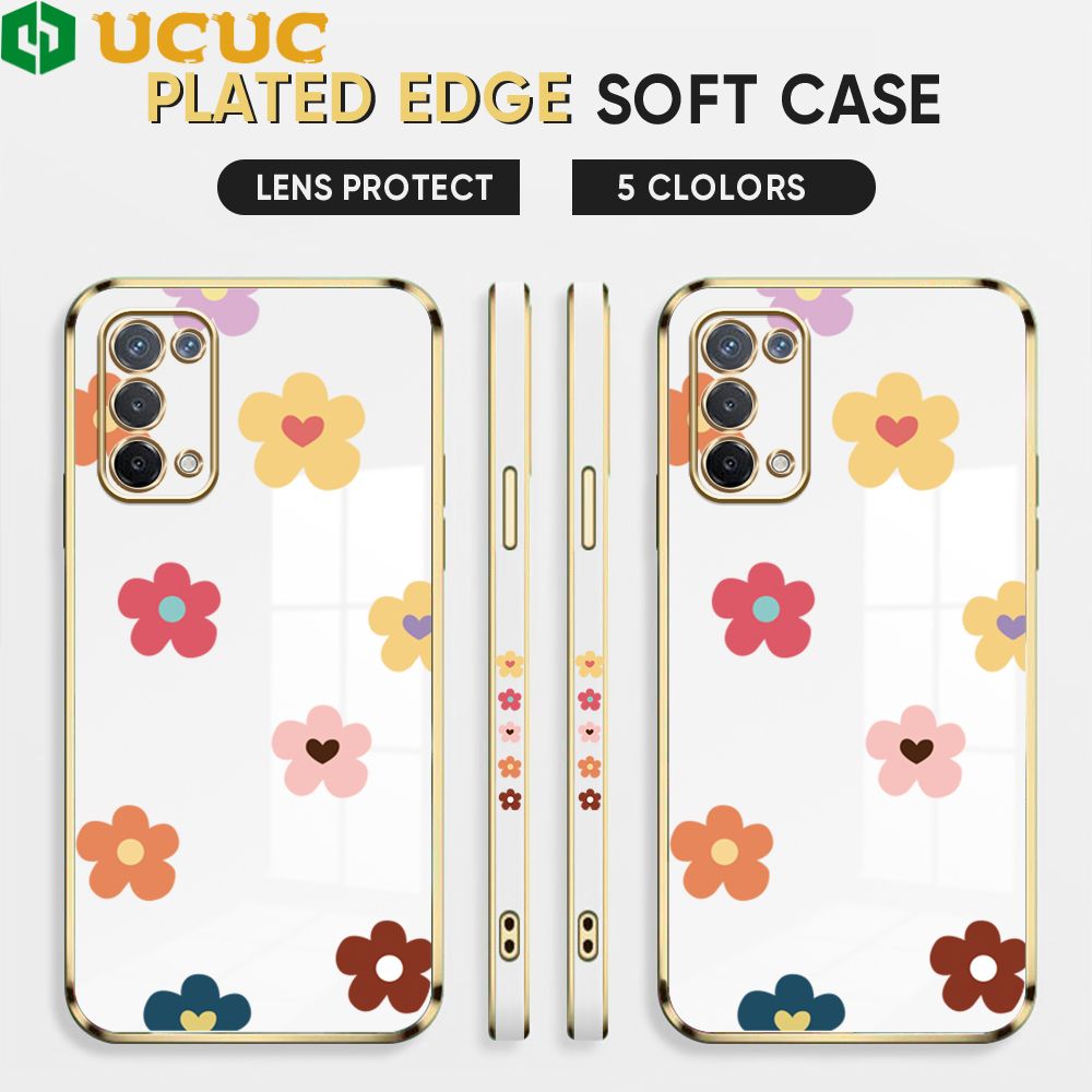 UCUC for OPPO A74 5G Back Cover + Free Lanyard INS Style Flower Luxury 6D Plating Case Side Pattern Soft Silicone Square Phone Cases