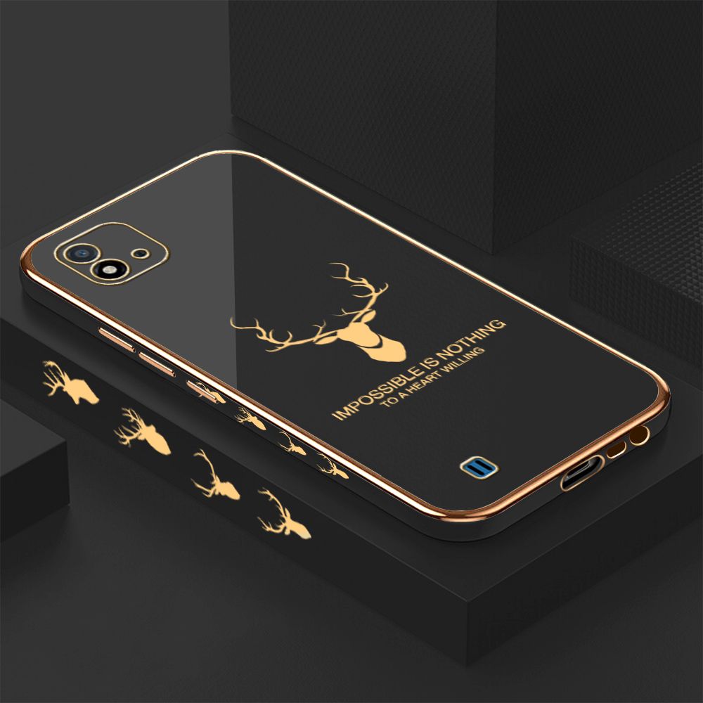 Luxury 6D Plating Case for Realme C20A Alphabet Lucky Deer Side Pattern Back Cover Soft Silicone Square Frame Shiny Bling Phone Cases + Free Lanyard